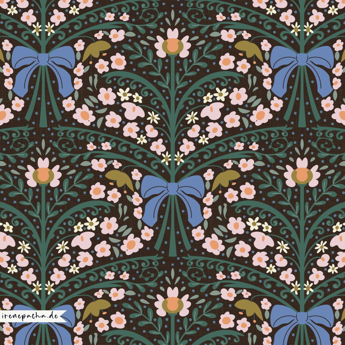 Symmetrical folk-art floral pattern on dark brown: bouquets of small pink and cream blossoms with green curling leaves, tied with large periwinkle blue bows.