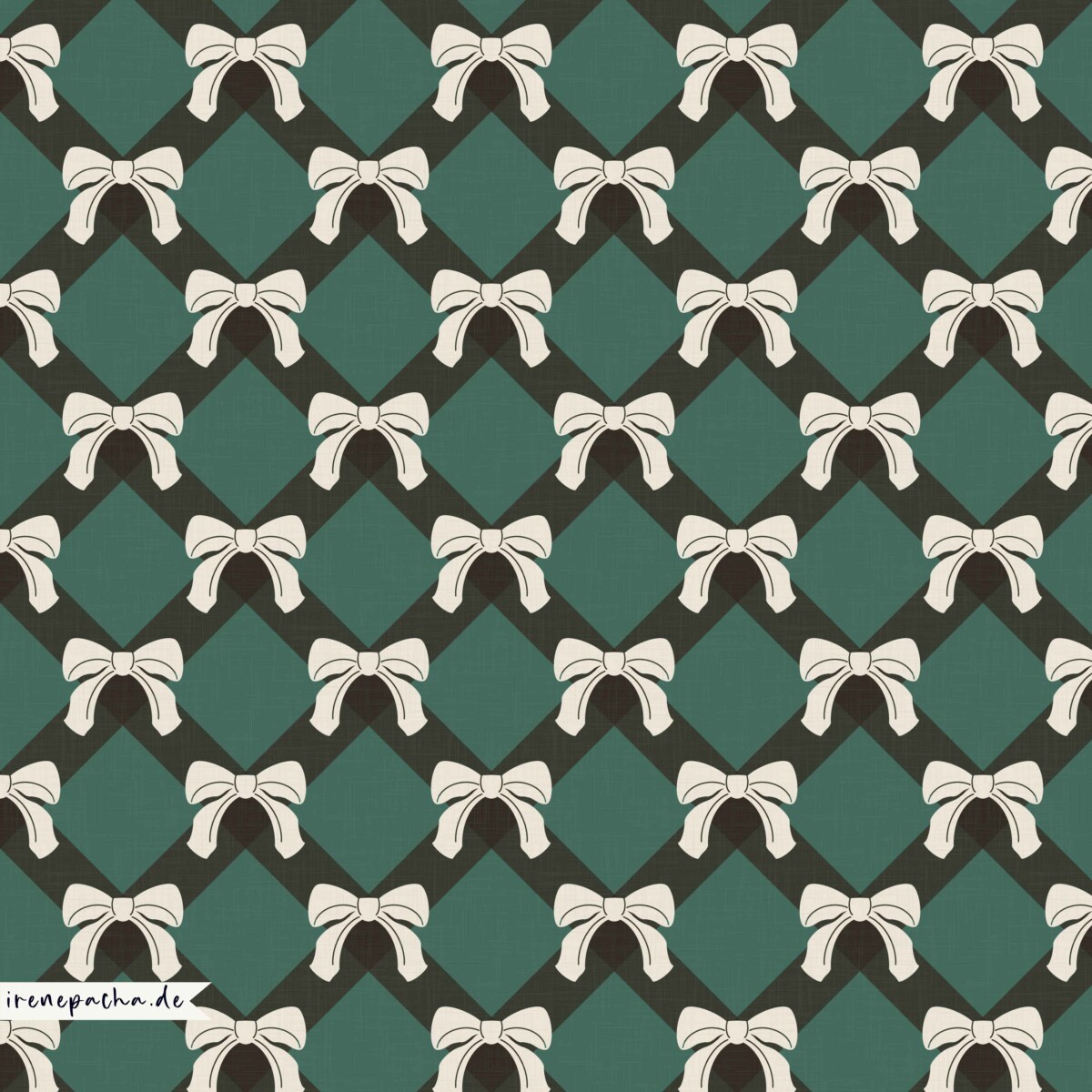 Repeating pattern of small cream bows on a green diamond lattice with dark charcoal accents.