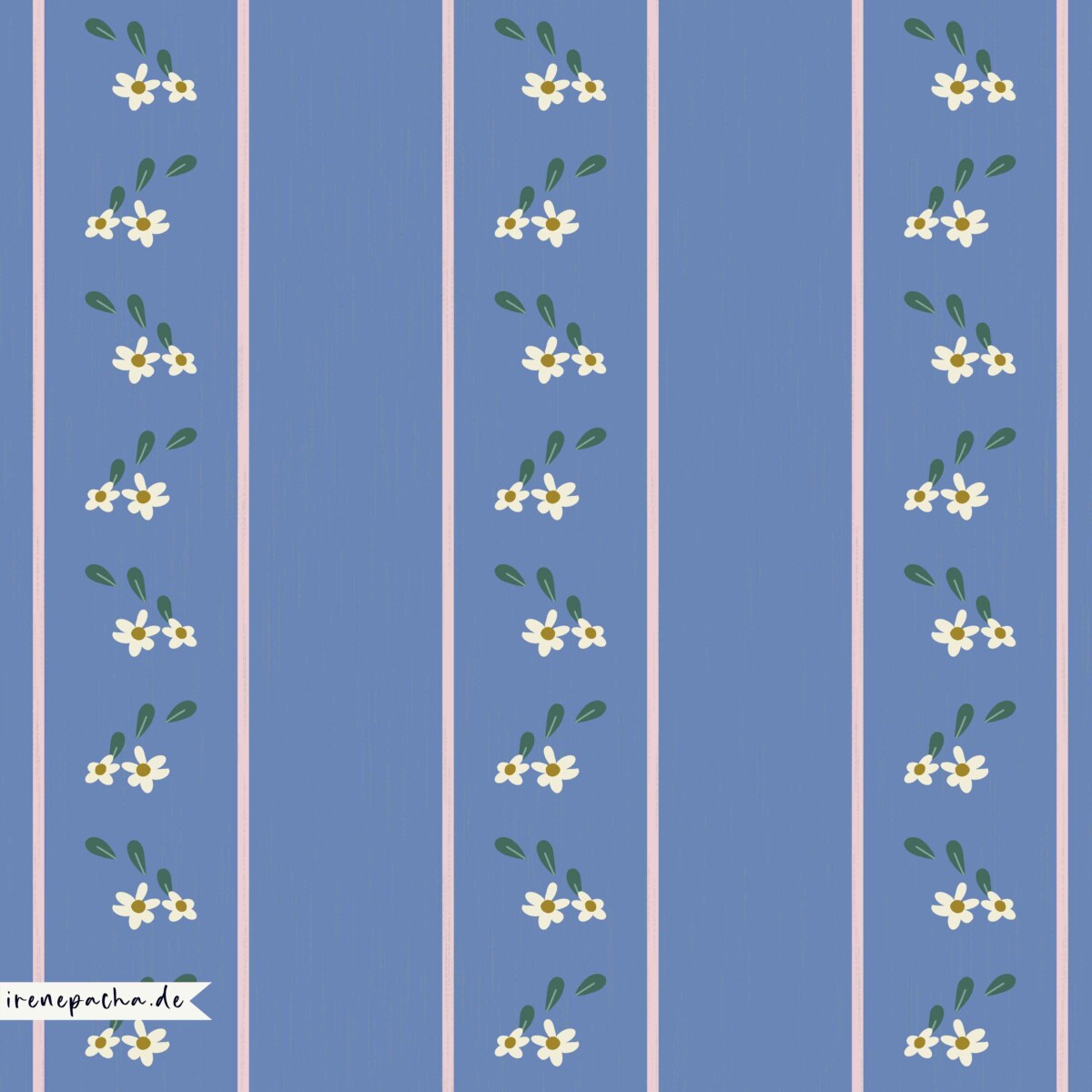 Periwinkle blue stripe fabric design with thin blush pink lines and vertical rows of tiny cream daisies with green leaves.